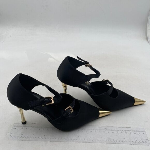 FSJ Women's High Heel Stiletto Buckle Ankle Strap Sandals Pointed Toe Black Gold - Picture 3 of 7